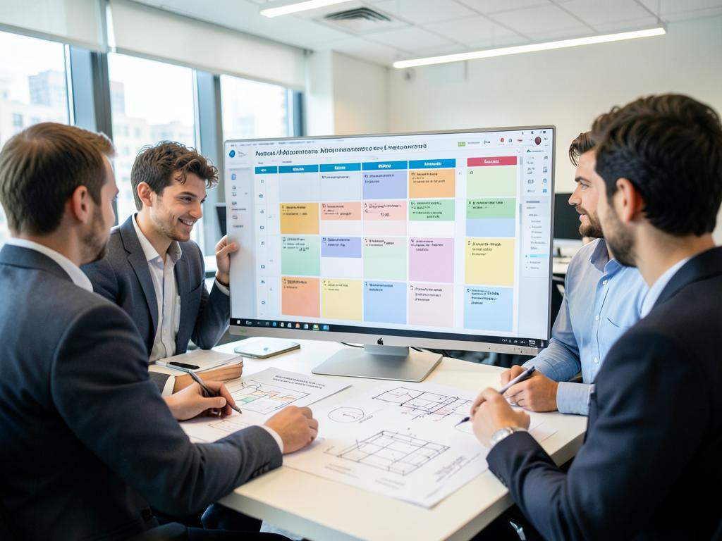 Software engineering team reviewing a process improvement board and architecture diagrams in an office