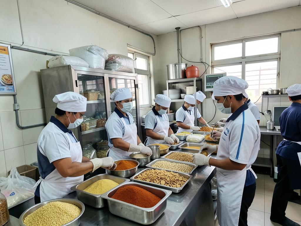Workers in caps and aprons packing spices and snacks in a hygienic Indian food processing unit