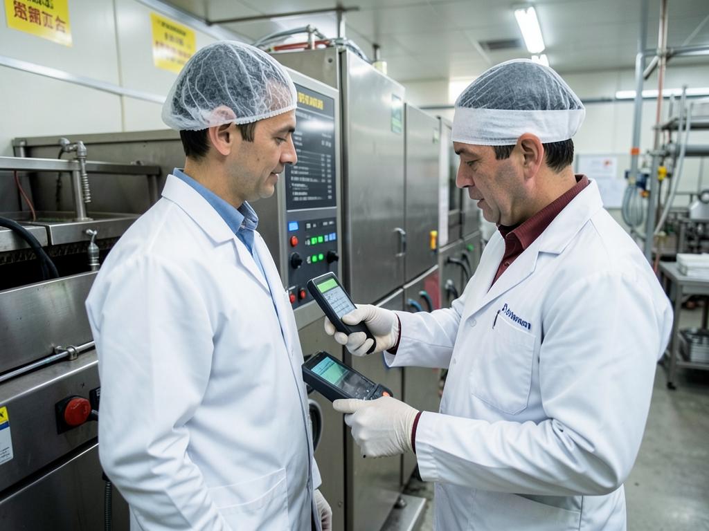 Food plant supervisors recording critical control point temperature readings beside a processing line