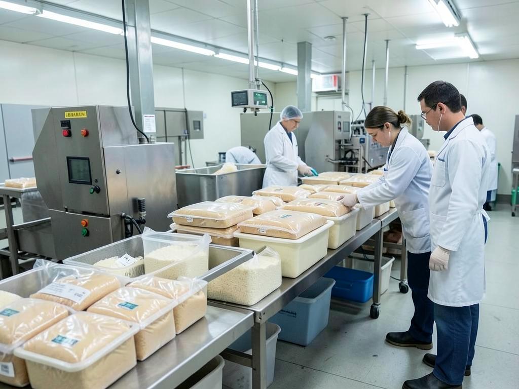 Quality staff checking segregated ingredient batches on a clean packaged food production line