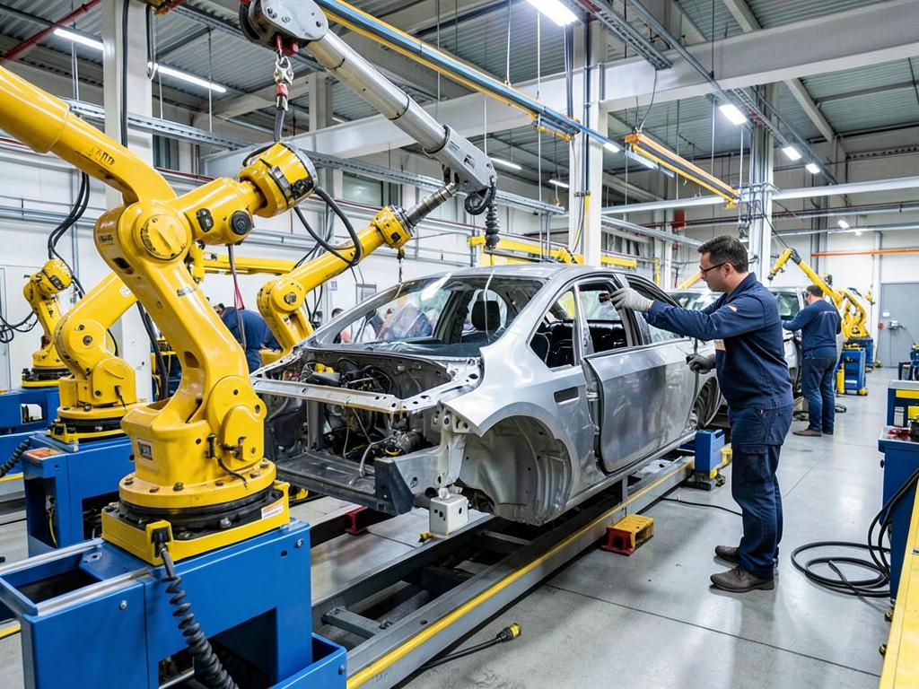 Robotic welding arms and an engineer working on a car body along an automotive assembly line