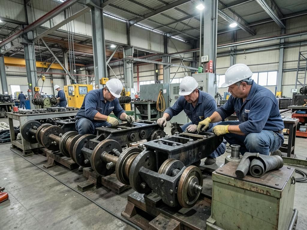 Technicians inspecting rail bogie assemblies in a rolling stock manufacturing workshop