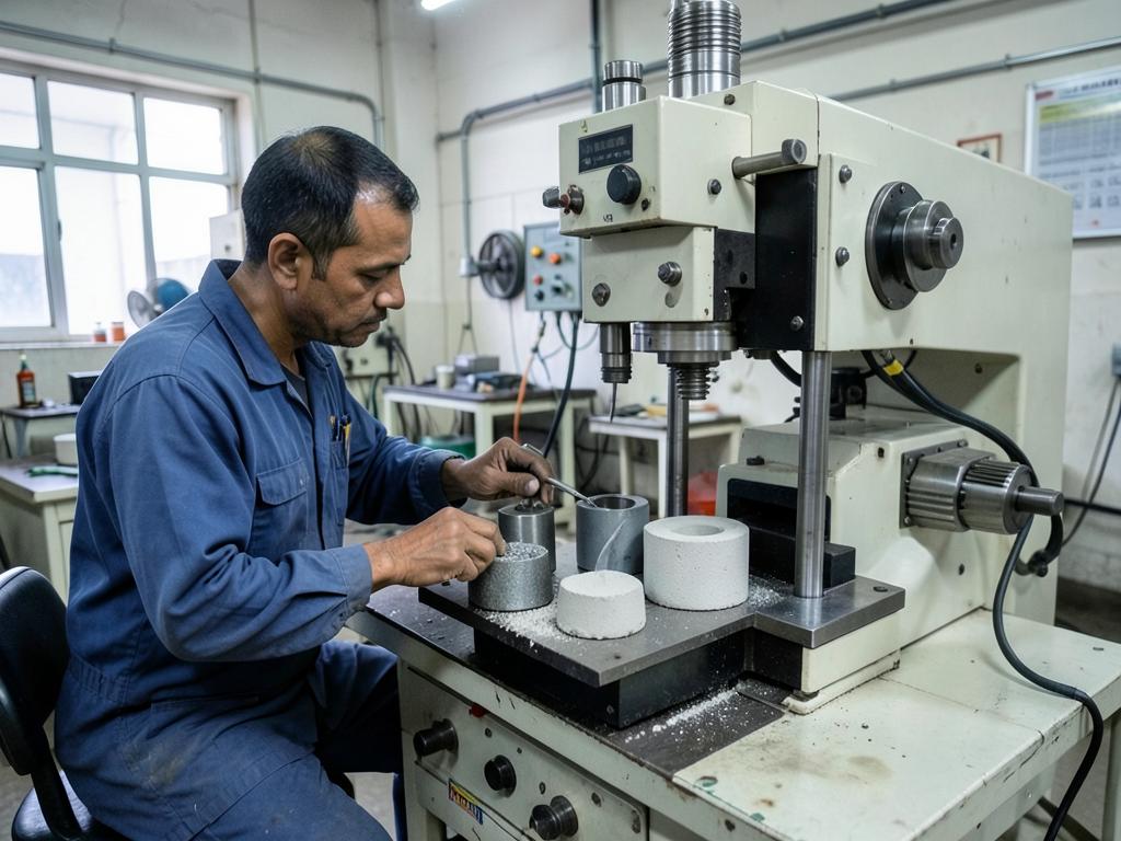 Technician testing cement and steel samples on a testing machine in an Indian factory laboratory