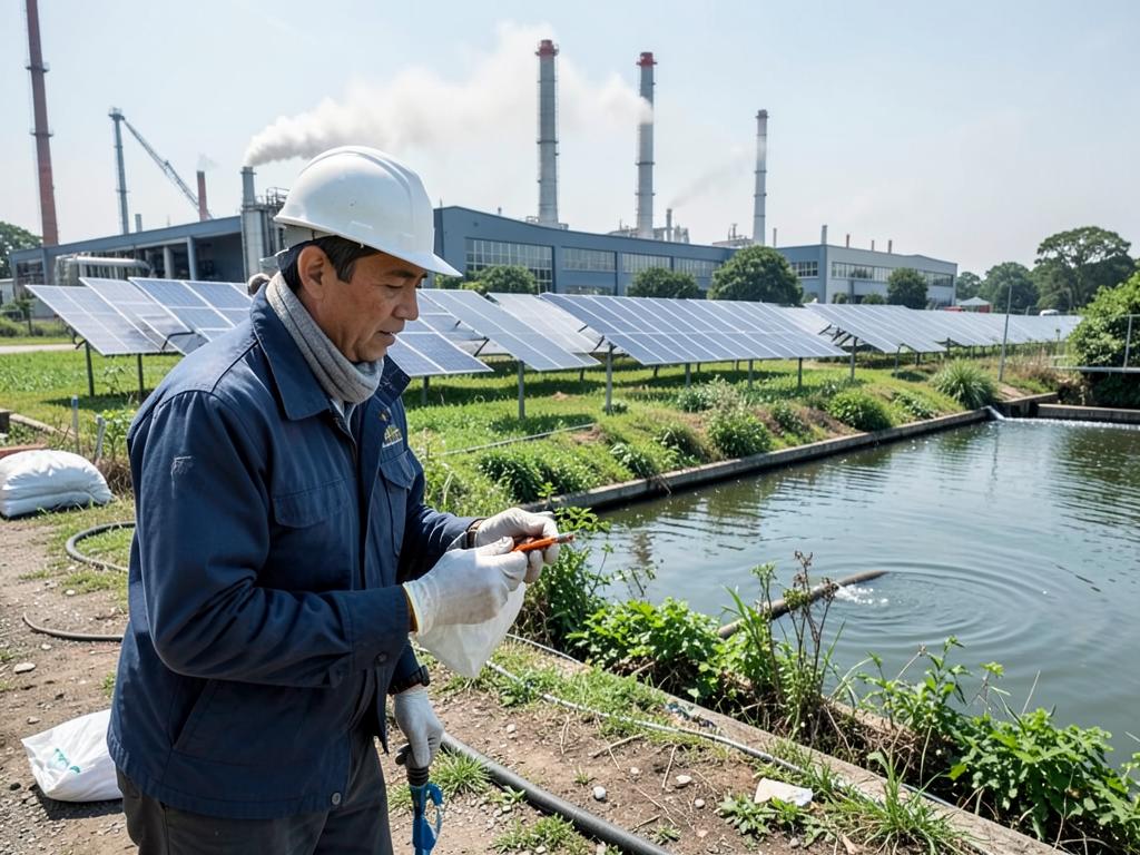Environmental manager reviewing resource use and operational controls at an industrial facility