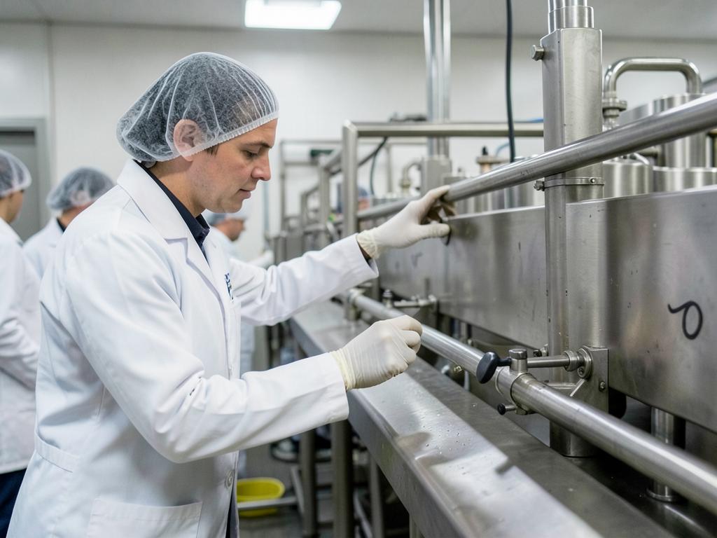 Food safety supervisor checking hygiene and process controls on a production line