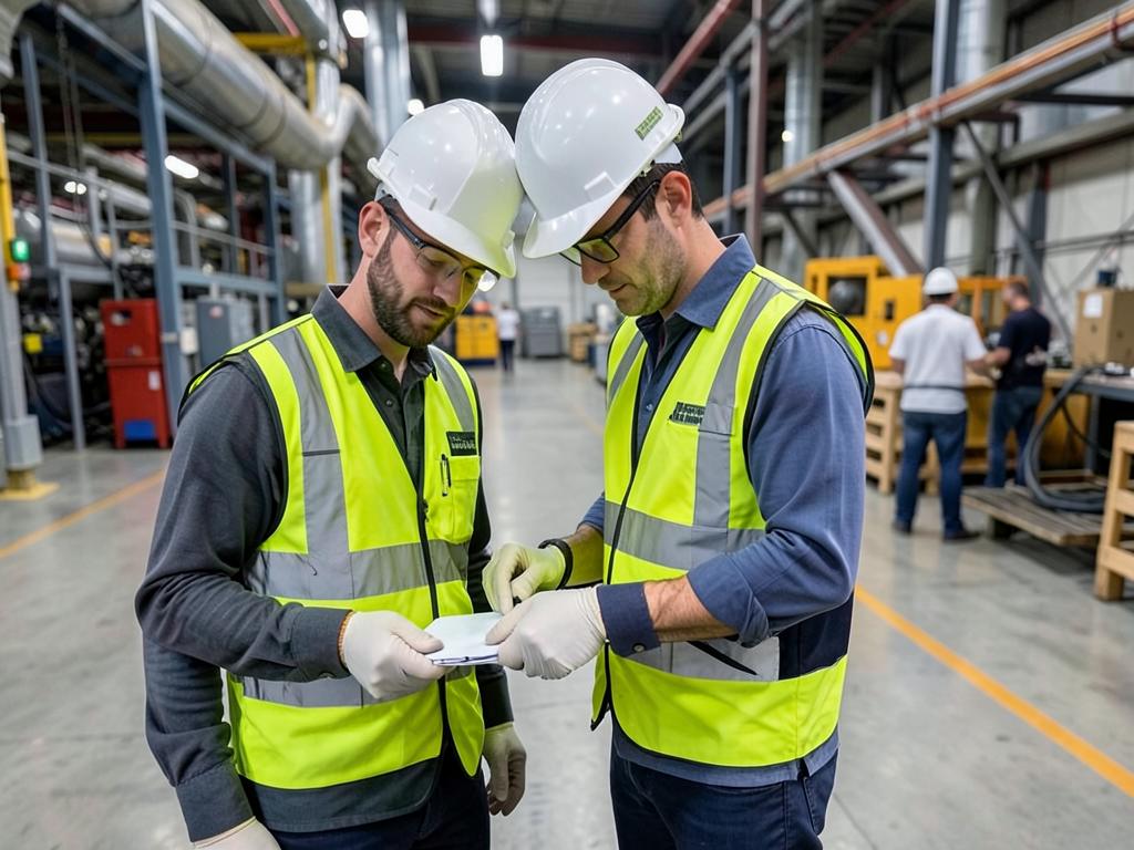 Safety professionals conducting a hazard inspection in a live industrial workplace