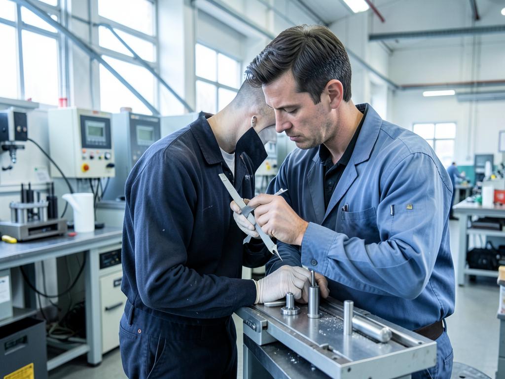 Quality inspection team reviewing controlled production records and measured components