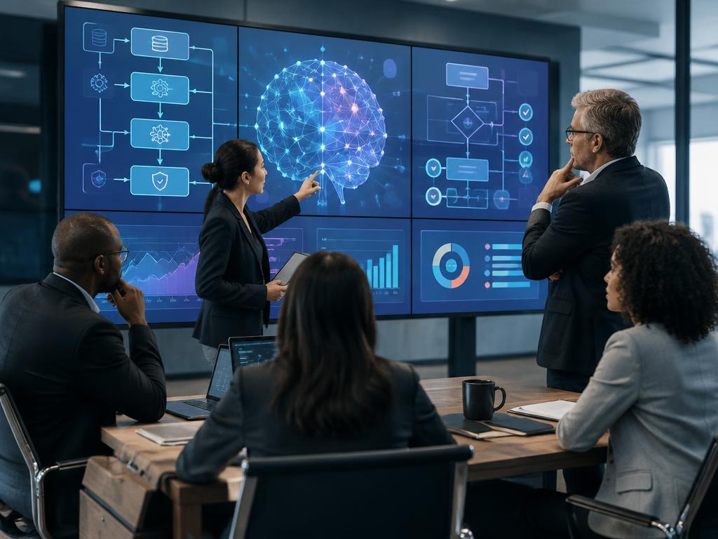 Responsible-AI governance team reviewing human oversight, risk and performance controls