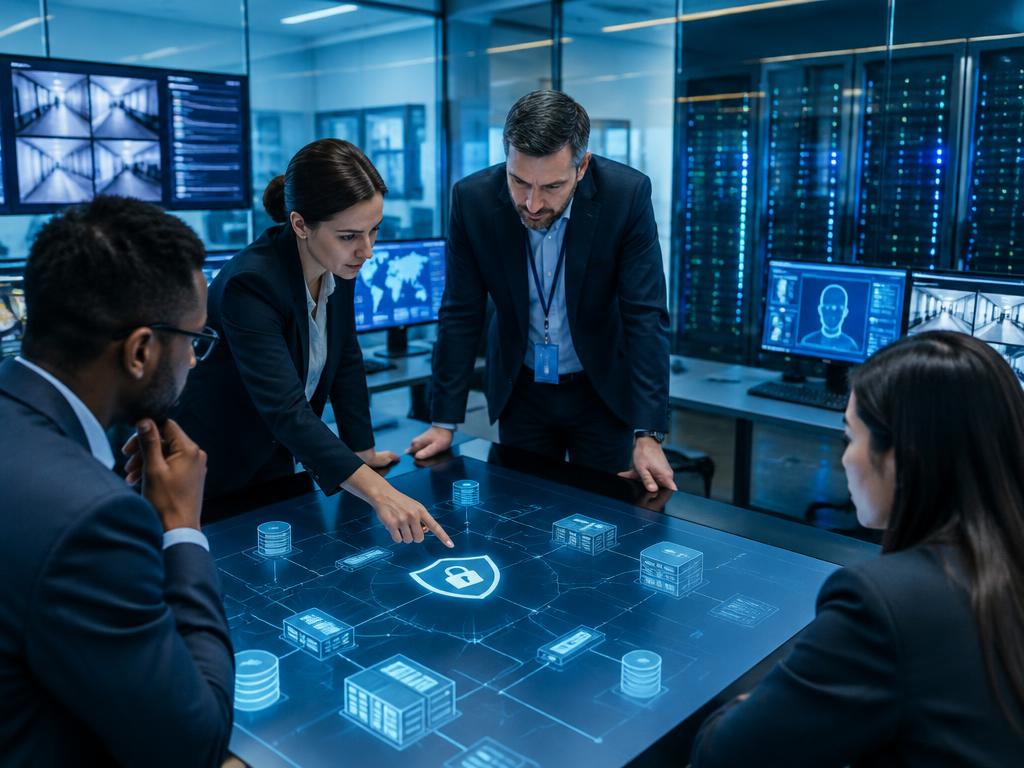 Privacy and security professionals mapping personal-data controls in a secure operations room