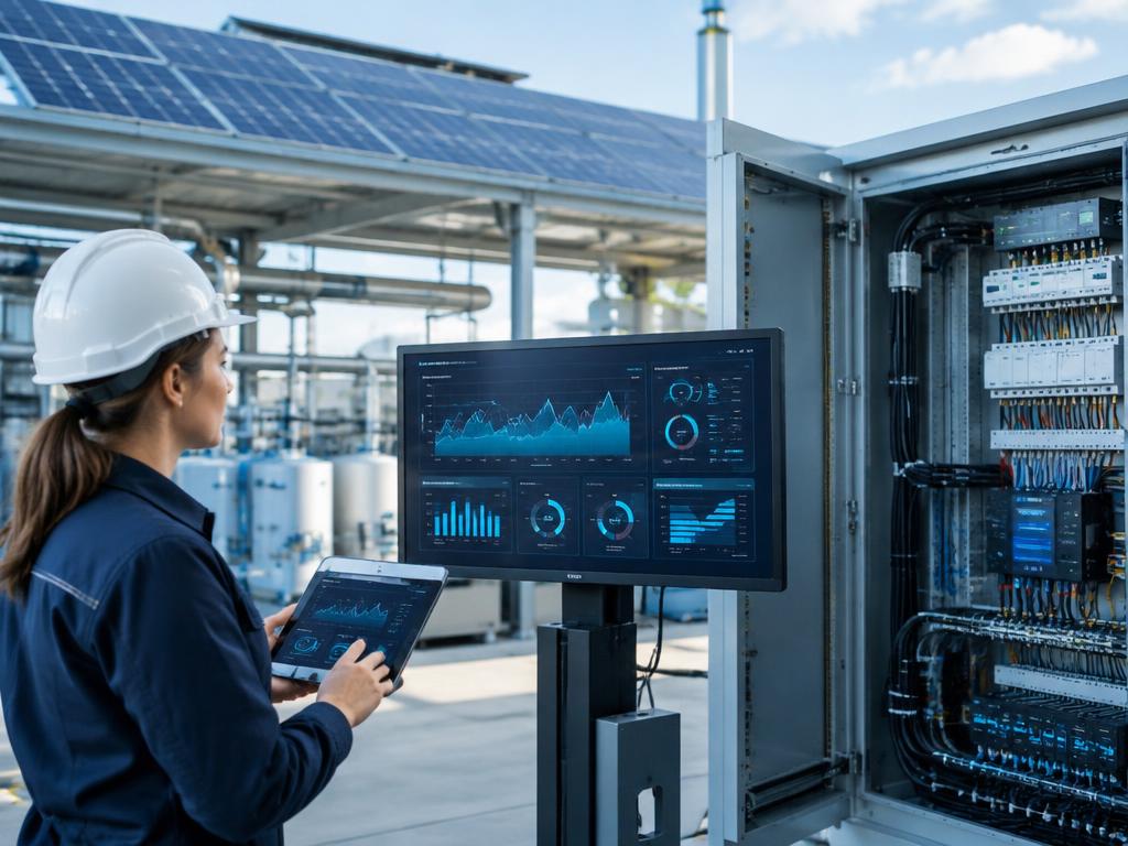 Engineer monitoring industrial energy performance, electrical systems and renewable generation
