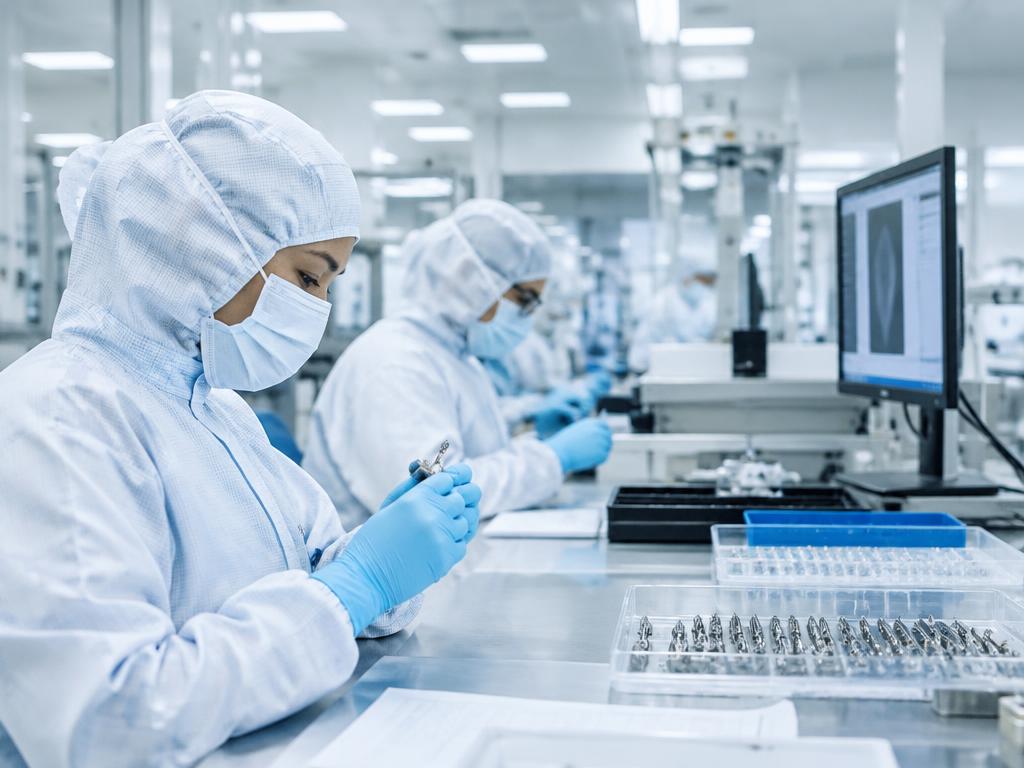 Cleanroom technicians inspecting precision medical-device components and traceability records