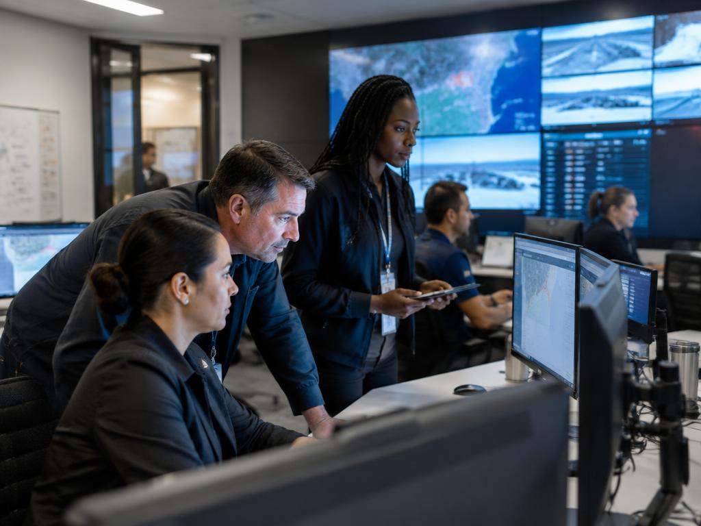 Business continuity team monitoring recovery priorities during an operations exercise