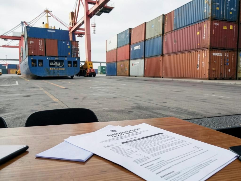 Export documentation on a desk with a container ship and stacked cargo containers at a port terminal