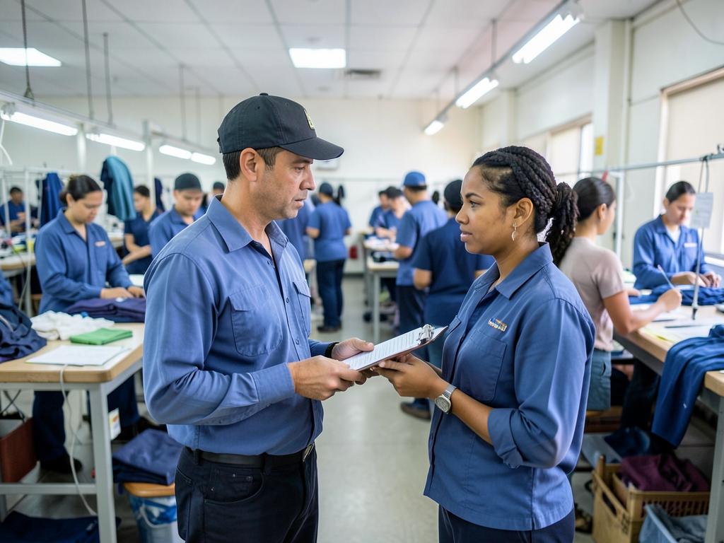 Social compliance auditor interviewing factory workers on a garment production floor