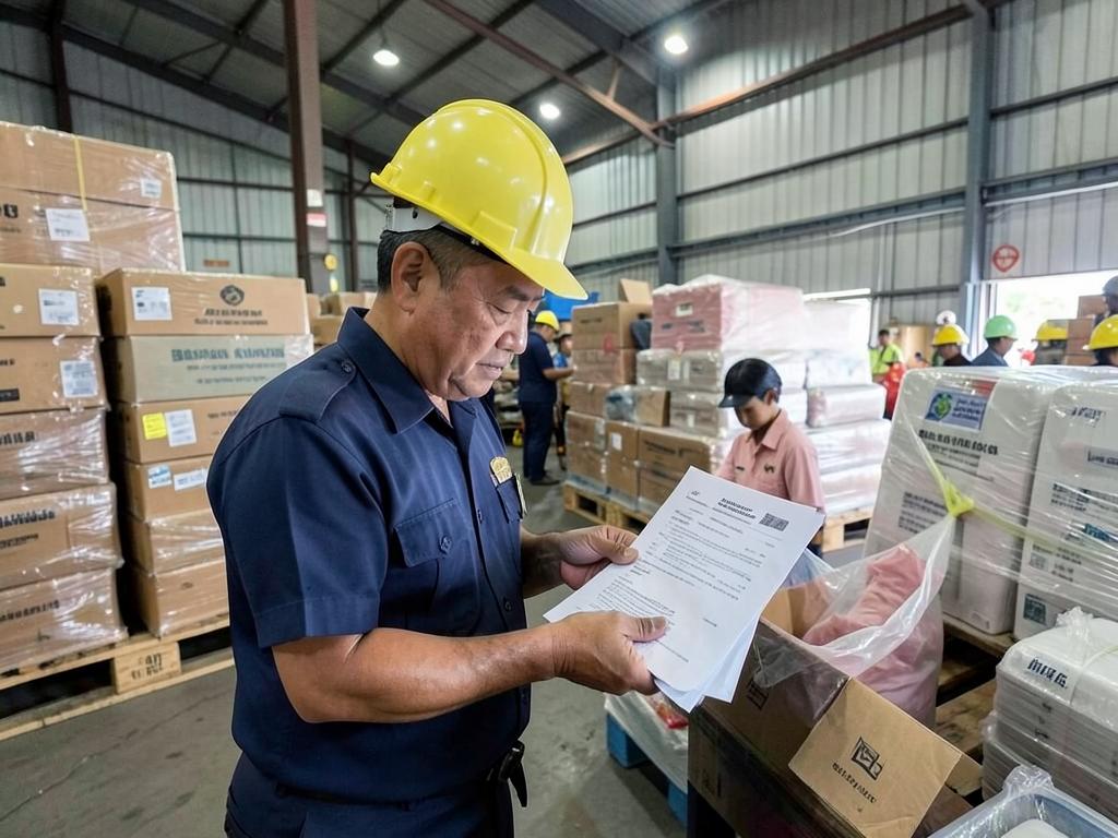 Inspector verifying products against conformity documentation in an export warehouse in Thailand