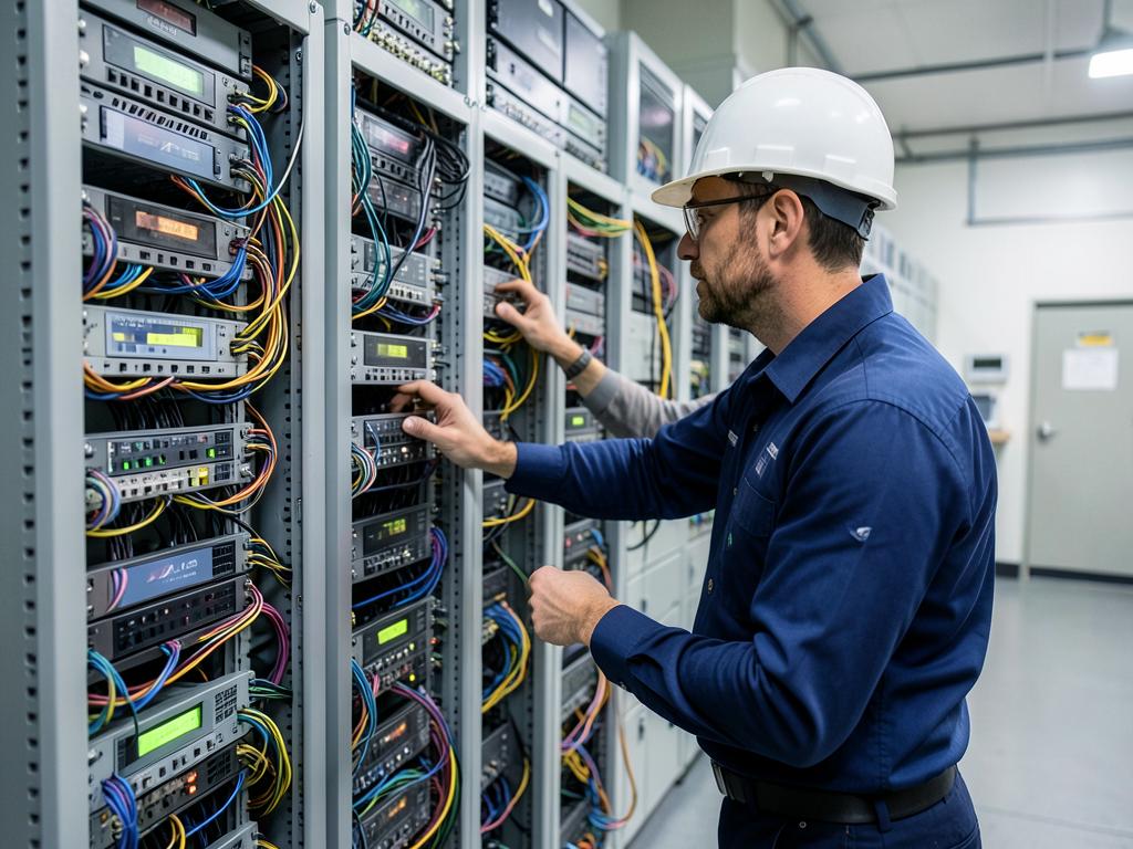Telecom engineer inspecting network equipment racks and fibre patch panels