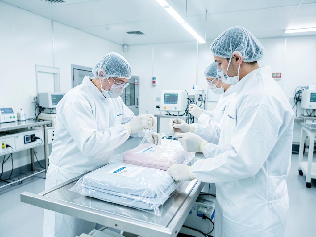 Operators in cleanroom gowning inspecting sealed medical device packaging in a sterile facility